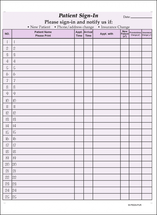 Purple Patient sign in sheets