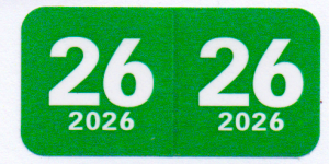 2026 "Col-R-Tab" Year code, Green/White 500/roll 2026 Year Code Label 1.5" x .75" Laminated 500 per roll Green background with White Numbers